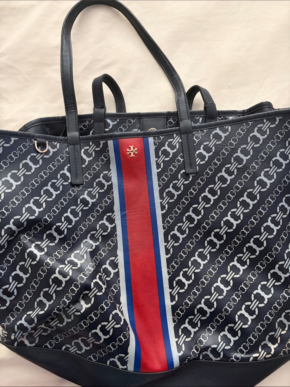 Tory Burch Navy Tote with Red and Blue Center Stripe